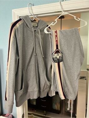 Gucci Men’s XXXL Angry Cat Web Stripe Gray Hoodie Jogger Tracksuit Set